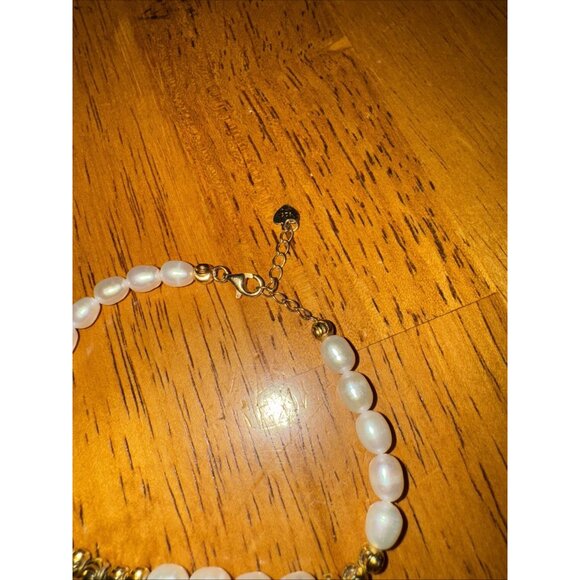 Gold Over 925 Stamped Sterling Silver Pearl Gold Beaded Bracelet Vintage - Picture 6 of 7